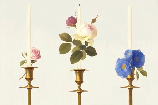 Three brass candlesticks decorated with roses for wedding invitation card. Floral border element with pink, white and blue flowers. Elegant romantic decoration for greeting card design.