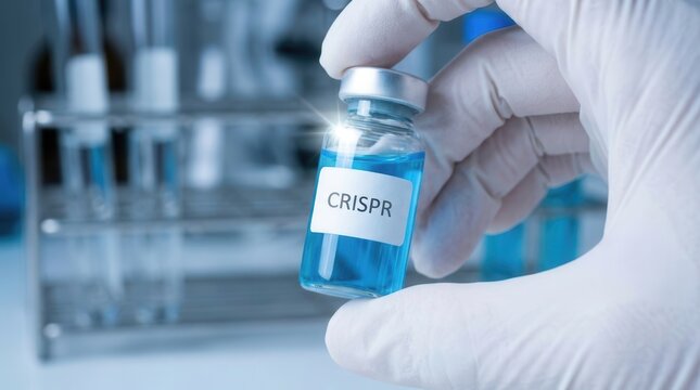 Gloved hand holding vial labeled CRISPR with laboratory blurred background