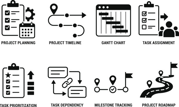 Project Management Icons Set Vector, Project Planning, Task Management, Gantt Chart and Workflow Line Art Collection
