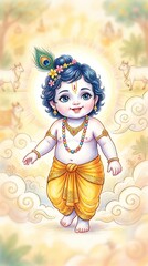 Fototapeta premium Adorable baby krishna illustration with peacock feather and cows