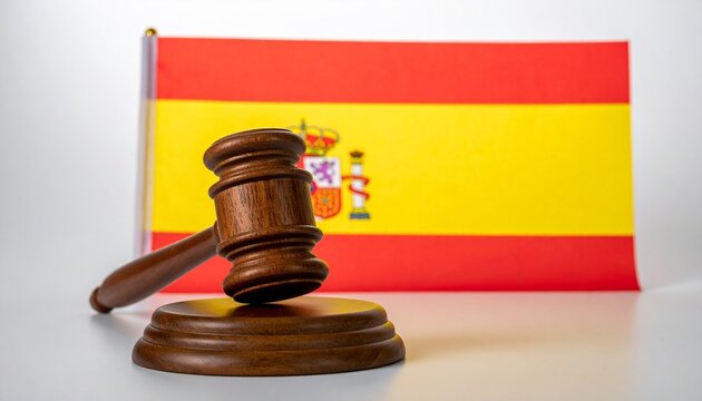Wooden Judge Gavel and Sound Block Resting Prominently in Front of the Flag of Spain for Legal System and Spanish Law Concept