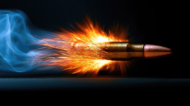 A bullet ignites in a fiery blaze, trailing blue smoke against a dark background