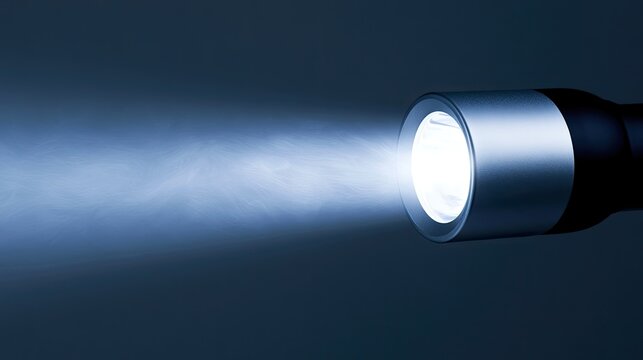 Bright beam of light emanating from a metallic flashlight