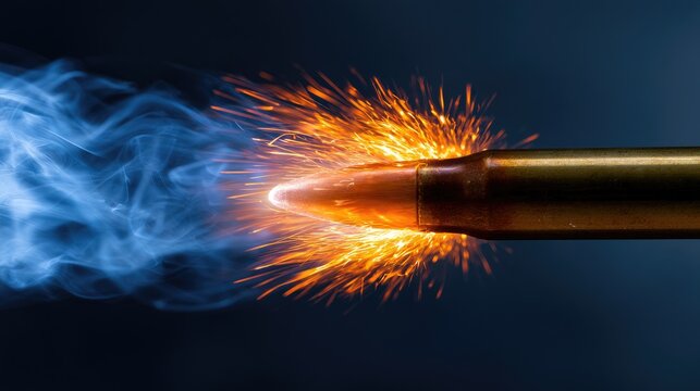A bullet in motion, emitting sparks and blue smoke, against a dark background