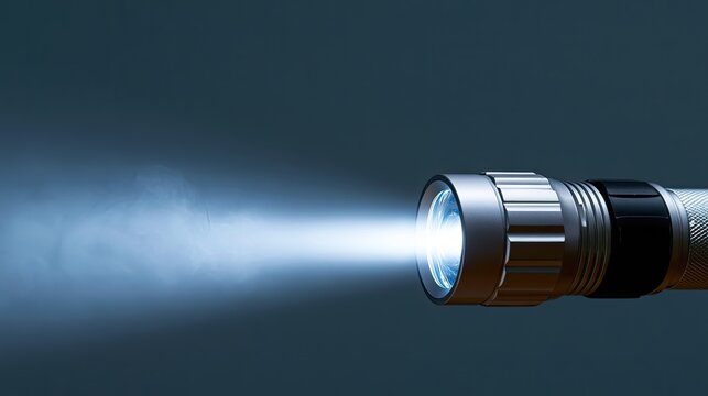 Silver flashlight beam cuts through smoky atmosphere against dark background