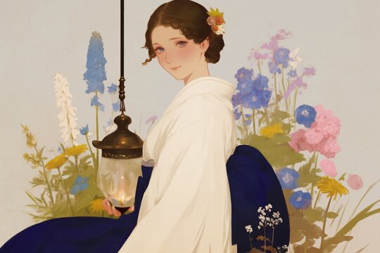 Woman in traditional white dress with blue sash holding glowing antique lantern. Artistic illustration of elegant lady surrounded by beautiful wildflowers. Concept of calm and beauty.