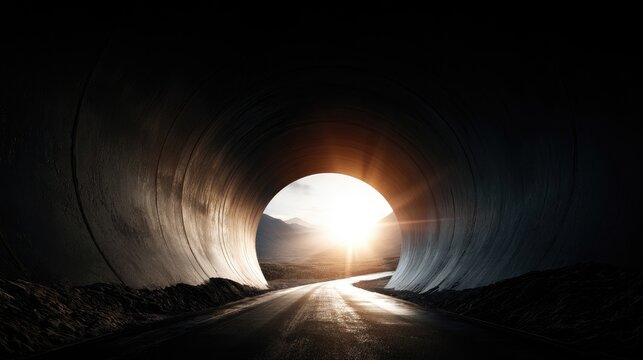 A bright sunlit exit emerges from a dark, cavernous road tunnel