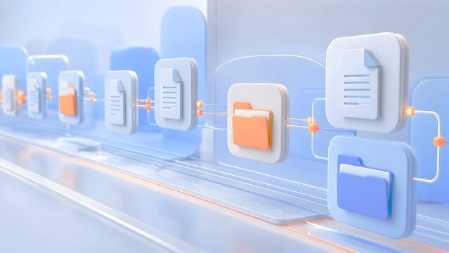 Abstract 3D rendering of digital files and folders flowing through a streamlined system, representing efficient data management, cloud computing, and modern business workflow optimization.