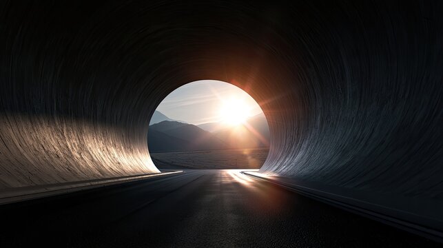 A road leads from a dark tunnel to a bright, sunlit landscape with mountains