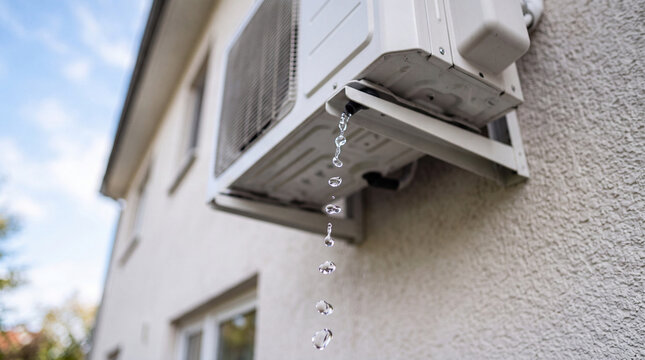 Low Angle View of White Wall Mounted Air Conditioner Leaking Water Drops Falling Toward Camera Lens, HVAC Repair Concept