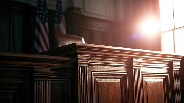Sunlight streams into a dimly lit courtroom, highlighting a judge's bench and flags