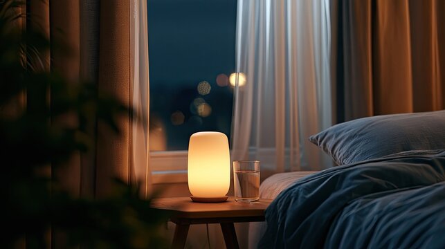 Soft bedside lamp illuminates a tranquil bedroom with a night view
