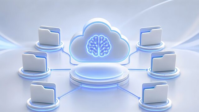 AI brain inside a futuristic cloud icon efficiently manages and distributes digital data to multiple folders, symbolizing smart cloud computing, centralized storage, and network organization.