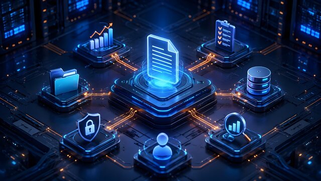 Centralized document management system concept with data flow and security, connecting digital assets like folders, databases, and analytics in a futuristic network environment.