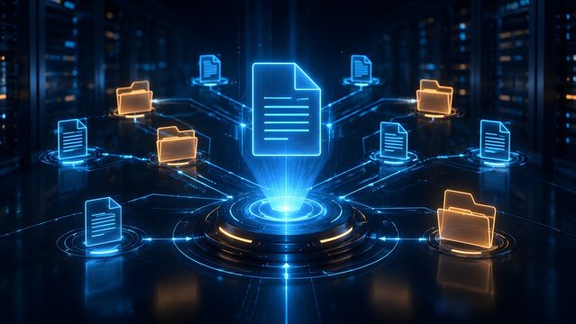 Digital data flowing through a futuristic network, showcasing secure file transfer and cloud computing technology within a high-tech server environment for efficient information management.