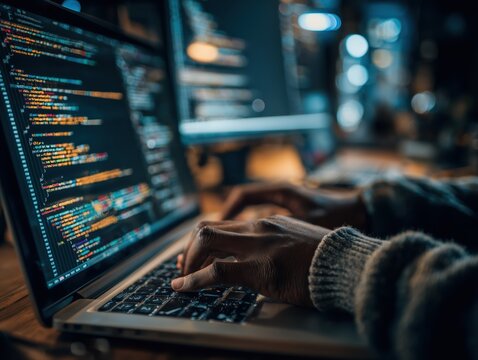 programmer coding on laptop in dimly lit workspace