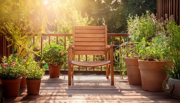 beautiful garden corner with potted plants wooden chair on a small veranda soft sunlight