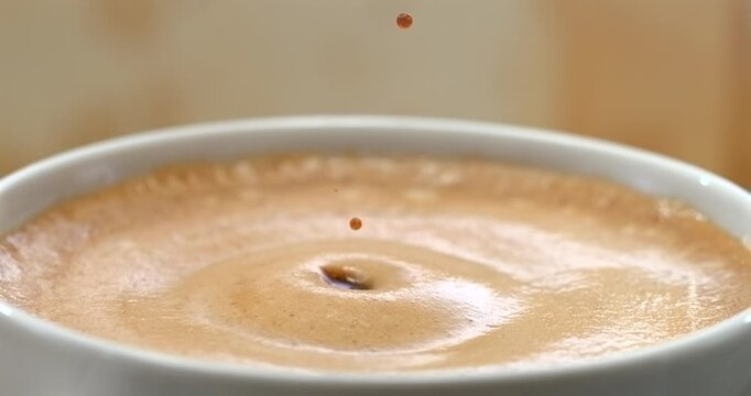 Falling drop into coffee cup, super slow motion
