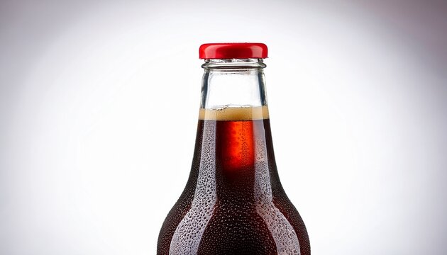 refreshing cold glass bottle of brown soda drink red cap cola dark fizzy on white background