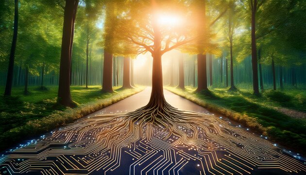 tree with glowing roots on circuit board path in forest sunlight technology nature
