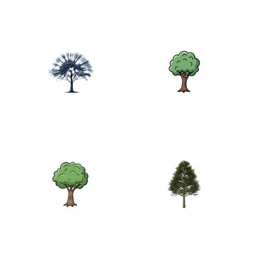 Four diverse tree illustrations isolated on transparent background for design projects