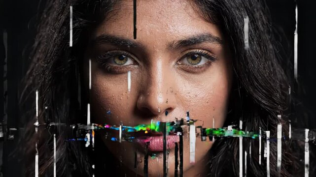 Closeup portrait of a woman with digital glitch effect over her eyes