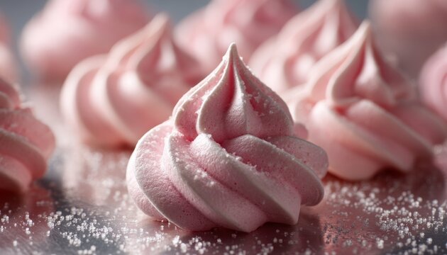 Deliciously soft pink meringues ready for a delightful dessert experience on a shiny silver surface