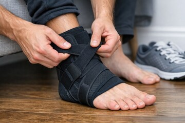 Fototapeta premium A person sitting or standing with a bandage on their foot, possibly injured