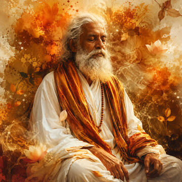 Guru purnima portrait of meditating spiritual teacher surrounded by lotus flowers and autumn colors during sacred hindu religious festival celebrating wisdom and devotion