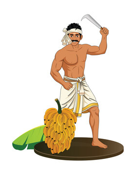 South Indian Kerala Farmer with Banana Bunch and Aruval Vector
