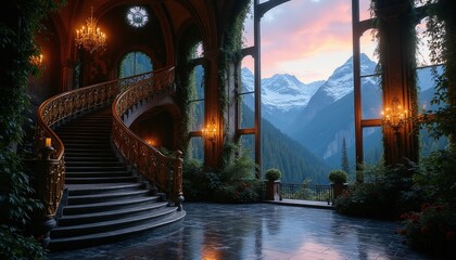 Obraz premium Grand stone staircase inside fantasy castle with mountain view through tall windows. Majestic ornate architecture features elegant luxury interior design with glowing chandeliers. Magical fairy tale