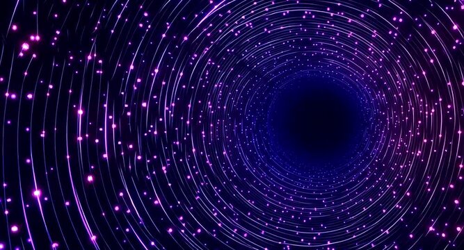 Hypnotic flight through a spiraling neon vortex of glowing pink and purple particles, a seamless looping animation representing concepts of space travel, cosmic journey and futuristic technology
