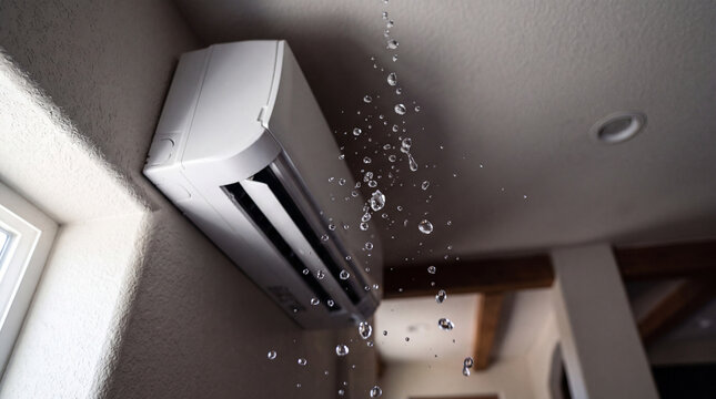 Realistic Low-Angle View of Indoor AC Unit Releasing Water Drops Toward Camera, HVAC Leakage and Maintenance Concept