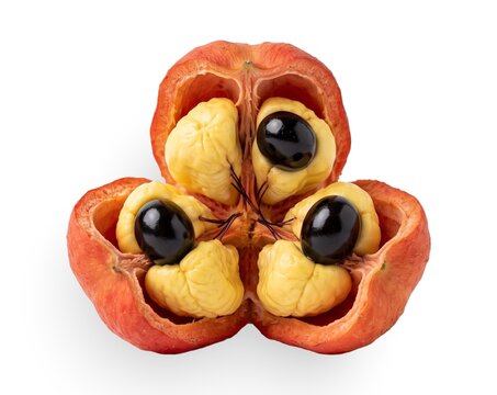 Freshly harvested ackee fruit pods split open with yellow arils and seeds isolated on white studio backdrop
