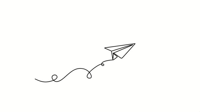 Continuous line paper plane animation, airplane vector art video. Abstract doodle email, mail plane, travel dream concept air. Business trip abstract illustration. Direction choice concept.