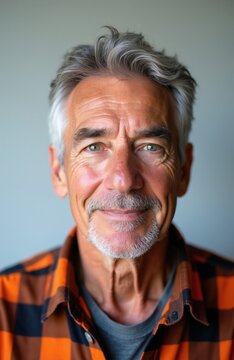 Portrait of senior man with grey hair looking at camera. Close up headshot of older male with short beard against neutral background. Person needs identity document photo for passport visa. Mature
