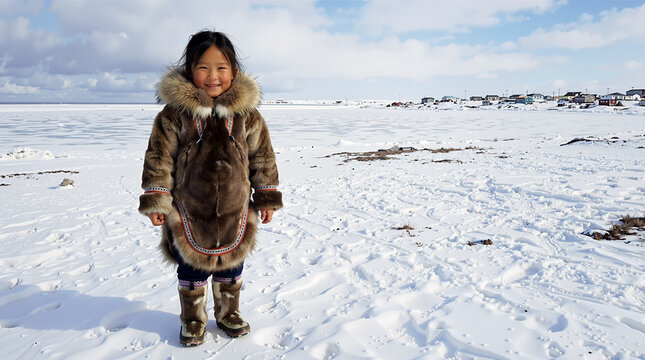 A smiling young Inuit child stands in a snowy arctic landscape wearing a traditional fur parka, representing indigenous culture and resilience in a harsh winter environment.