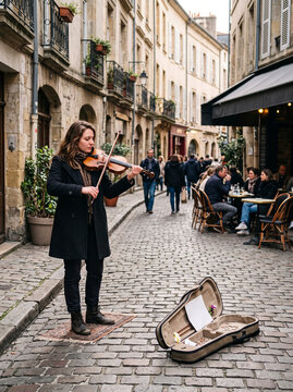 Street violinist performing on a cobblestone city street