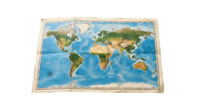 A physical world map printed on fabric or paper, isolated on transparent background