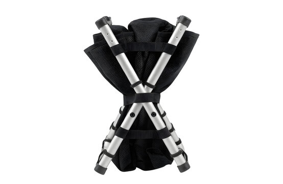 Folded portable camping stool with black mesh seat isolated on transparent background