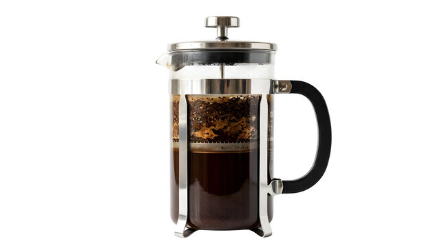 French press coffee maker with coffee grounds and brewed coffee inside isolated on transparent background