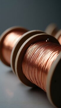 Copper wire coiled tightly on wooden spools against gray background. Metallic strands wrap in patterns showing shiny orange texture. Industrial equipment used for electrical wiring construction