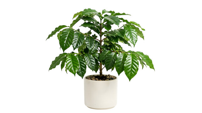 Coffee plant in a white ceramic pot isolated on transparent background