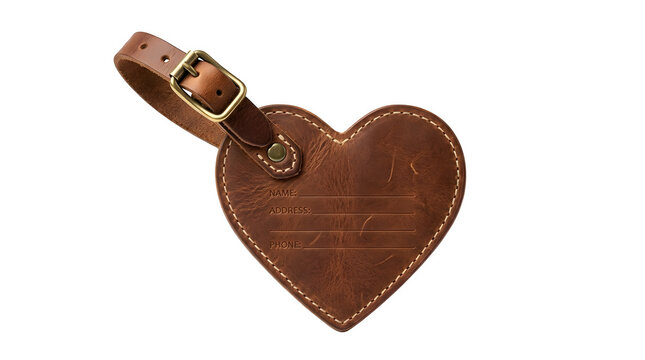 Heartshaped brown leather luggage tag with buckle strap isolated on transparent background