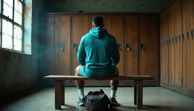 Man sits on bench in old locker room after workout. Athlete wears teal hoodie, shorts. Sports bag on floor, lockers line wall. He contemplates future.