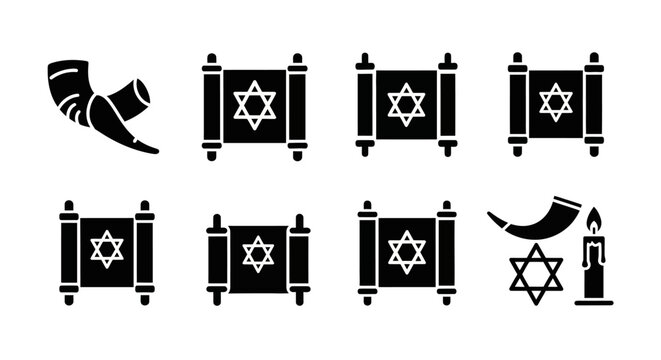 Collection of Jewish icons with shofar, scrolls, and Star of David.