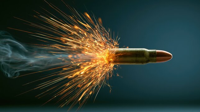 A speeding bullet ablaze with sparks and trails of smoke in mid-flight