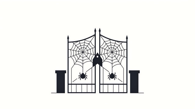 Spooky Halloween iron gate with spider webs, haunted mansion entrance silhouette, gothic cemetery gates with hanging spiders on white background