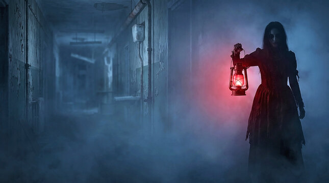 Woman holding red lantern in misty hallway for Halloween  