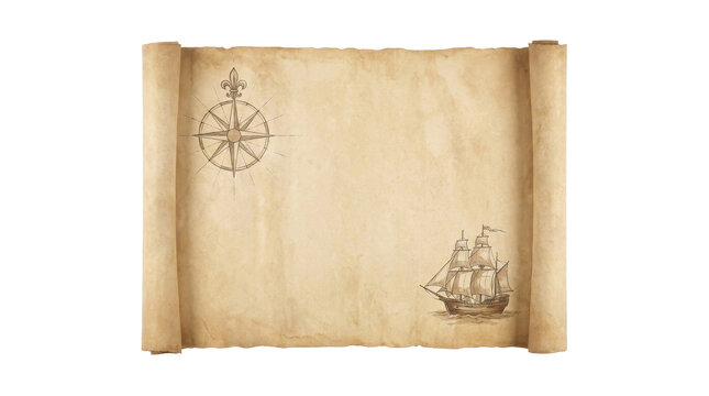 Antique scroll with nautical theme featuring old ship and compass